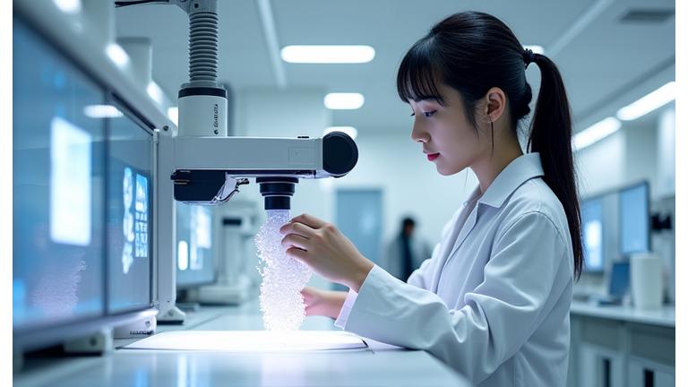 研究開発ラボで繊維サンプルを分析している科学者の写真