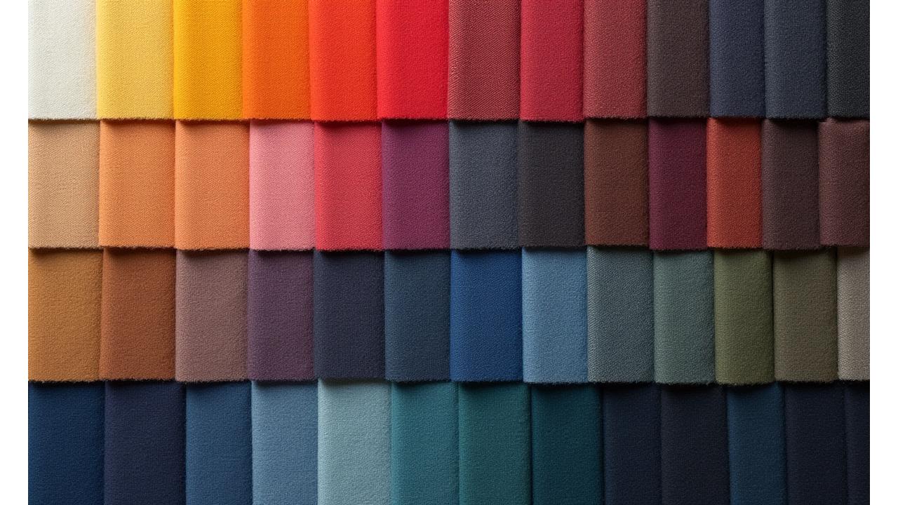 様々な素材サンプル（シルク、リネン、ウール、炭素繊維など）が碁盤の目のように並べられたマトリックス。それぞれの質感や色が異なる。