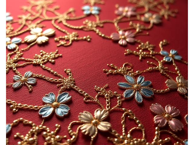 日本の伝統的な刺繍が施された美しい生地、繊細な模様が際立つ