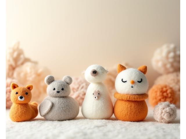羊毛フェルトで作られた可愛らしい立体的な動物のオブジェ