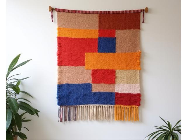 中級者によって織られた、色彩豊かな幾何学模様の手織りタペストリー