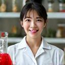 白衣を着て植物染料のフラスコを持つ女性科学者、研究室で作業中