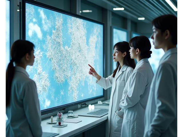 研究開発チームがラボで新素材の議論をしている様子