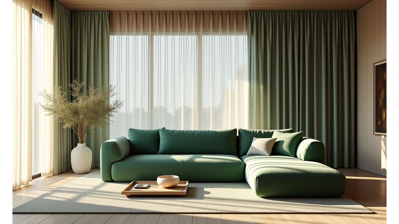 広々とした空間に配置された、Mugen Textilesの美しいテキスタイルが使われたモダンなソファとカーテン