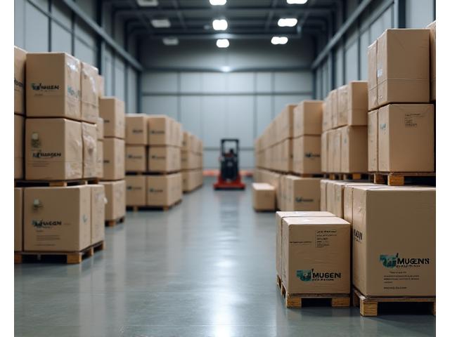 Mugen Textilesのロゴが入った梱包と整理された倉庫の様子