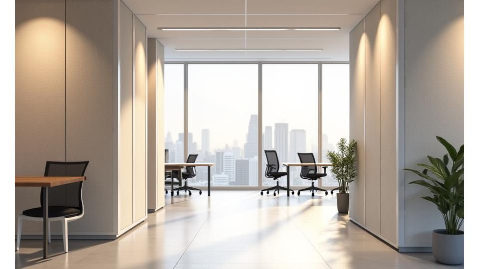 モダンなオフィス空間に設置された、吸音性に優れたテキスタイルの高機能パーテーション