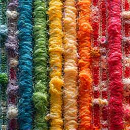 リサイクル繊維で作られた、環境に優しい色鮮やかな生地のクローズアップ