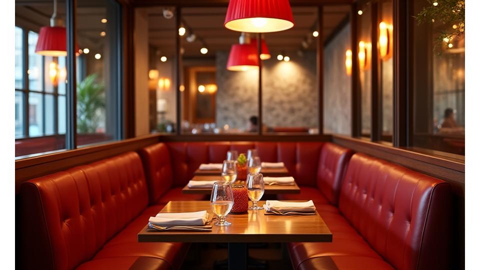 Mugen Textilesの布地が使われた、暖かみのある内装のレストラン