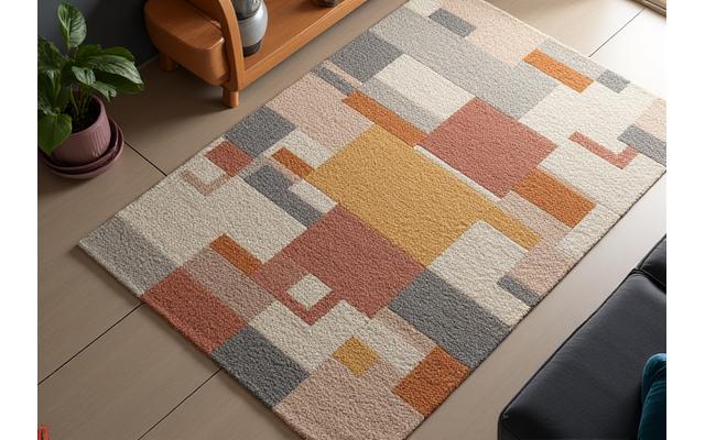 モダンな空間に敷かれた、防ダニ・防汚機能を持つ美しいラグ