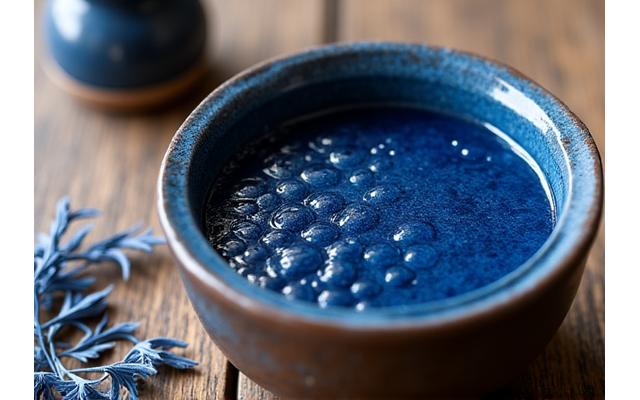 鮮やかな藍色の染料が入れられた壺と、その隣に置かれた乾燥した藍の葉