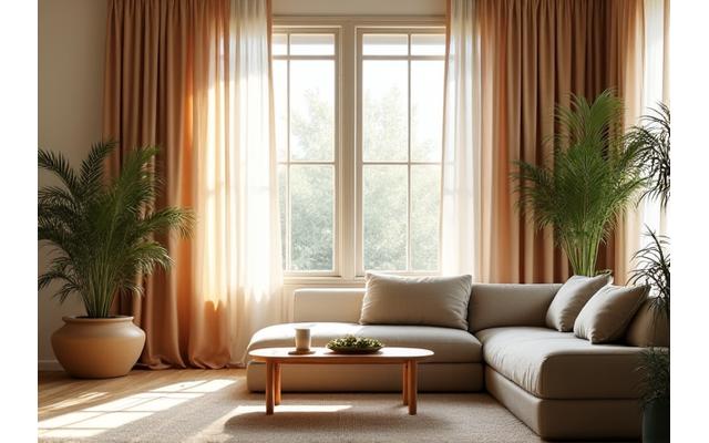 植物染料のカーテンやクッションが配置されたミニマルでモダンなインテリア空間