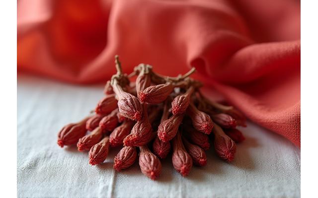 赤みを帯びた茜の根が乾燥している様子、鮮やかなスカーフのイメージ