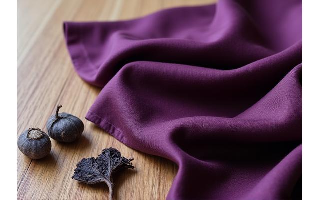 深みのある紫色に染められた布と、その元となる紫根の根