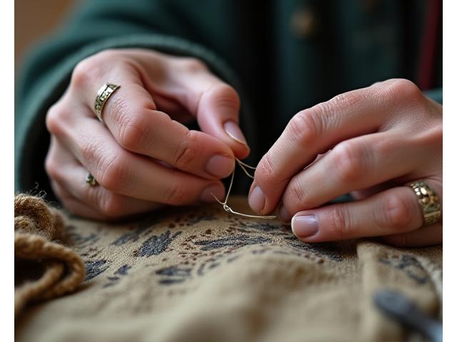 熟練の修復家が歴史的なテキスタイルを丁寧に修復する様子