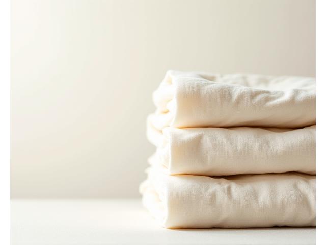 GOTS認証オーガニックコットン生地のクローズアップ、柔らかく自然な質感