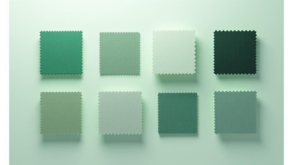 高機能テキスタイルのサンプルが複数並べられ、それぞれの機能を示す記号や試験データが添えられている