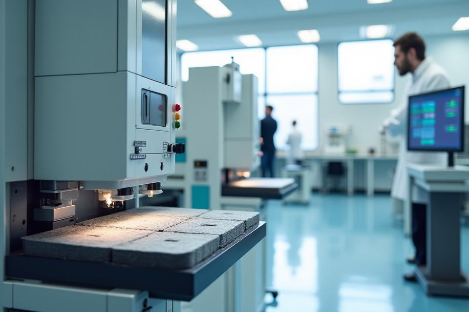 品質試験ラボの内部で、試験装置が稼働しており、技術者がデータを見ている画像