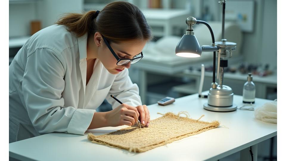 ルーブル美術館の保存修復スタジオで、専門家が拡大鏡を使って古代日本の織物の繊維を調べている。
