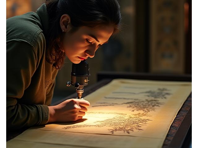 寺院の暗い展示室で、色あせた仏画が描かれた古代の絹織物を修復家が顕微鏡で精密に検査している様子。