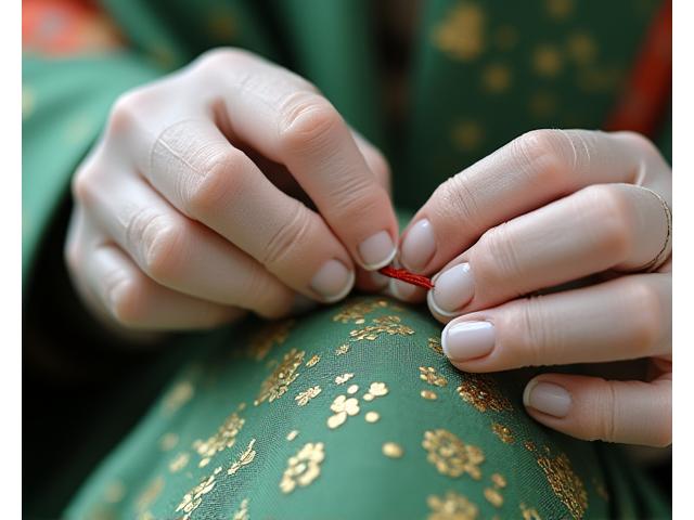 専門家が江戸時代の豪華な着物を修復しているクローズアップ。針と糸を使い、細部にわたって神経質な作業。