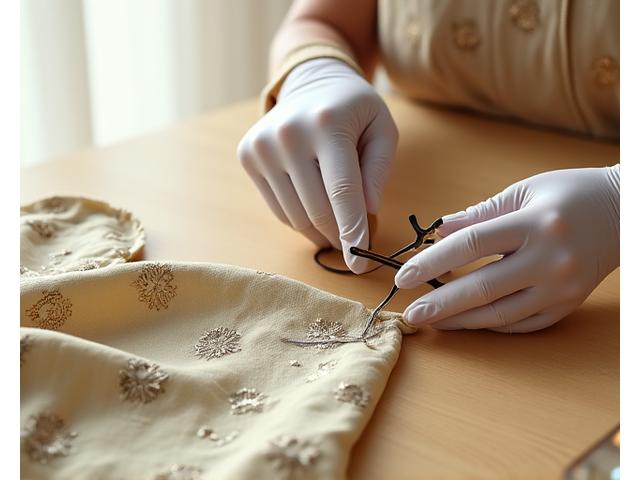 明るい光沢のあるテーブルの上で、シャネルのヴィンテージスカーフのほつれを、白い手袋をはめた手が丁寧にはさみで処理している。