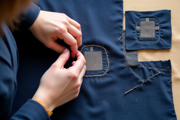 オリジナルの着物から取るのと同色の古布を使って、部分的に損傷した箇所を丁寧に繕う職人の手。隣には修復前後の着物の写真。